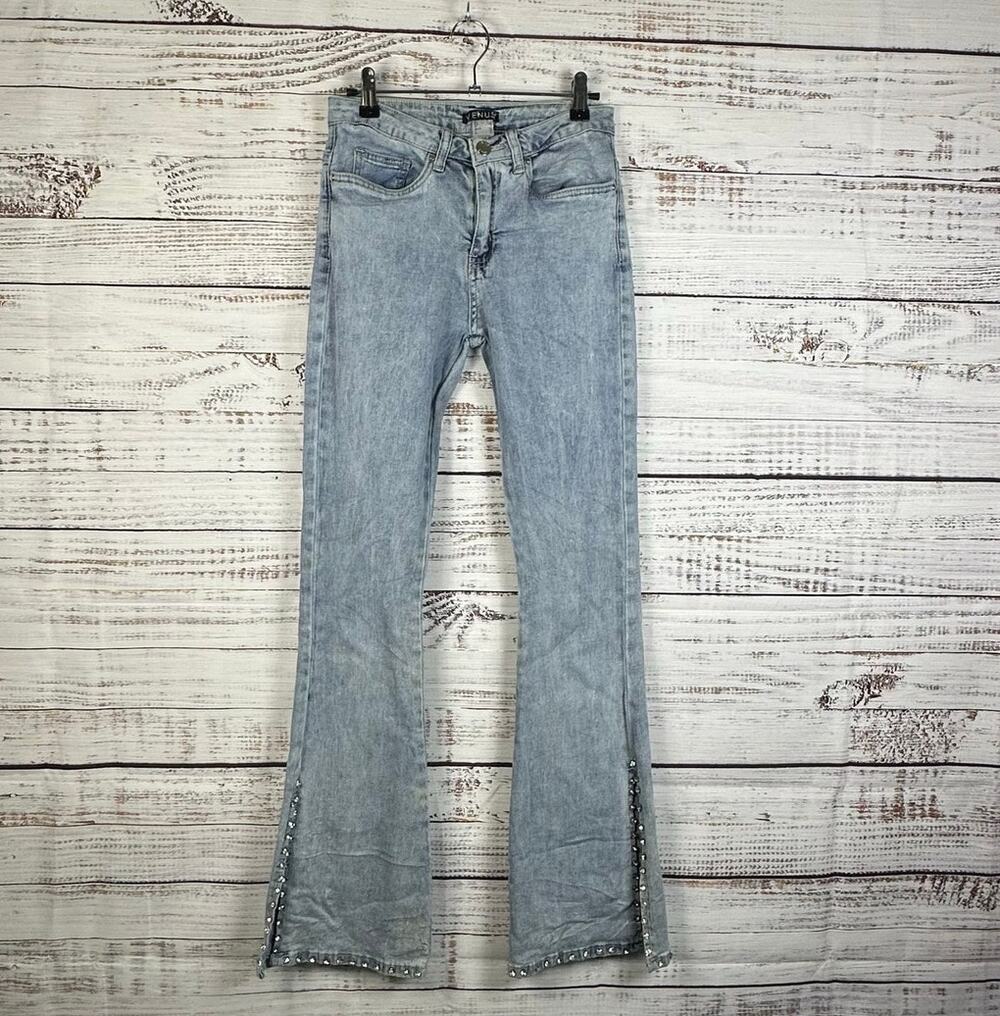 VENUS Denim Jeans Light Wash Flare Split Hem Rhinestone Bling Womens Sz 2 26x31